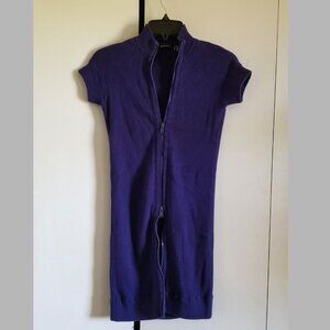 Ink Blue Ribbed Short-Sleeve Sweater Top with Zipper Closure